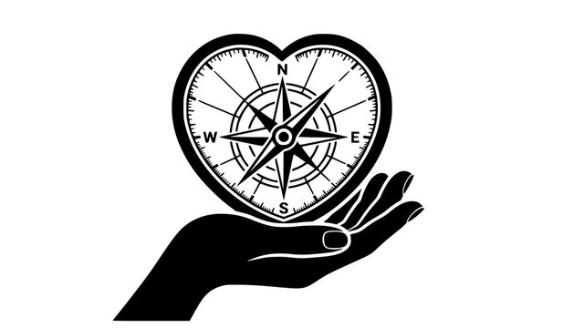 Human hand holding heart shaped compass navigational rose vector illustration for love travel and direction concept