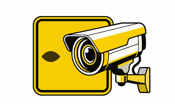 CCTV security camera surveillance yellow sign board vector illustration for safety property protection equipment concept