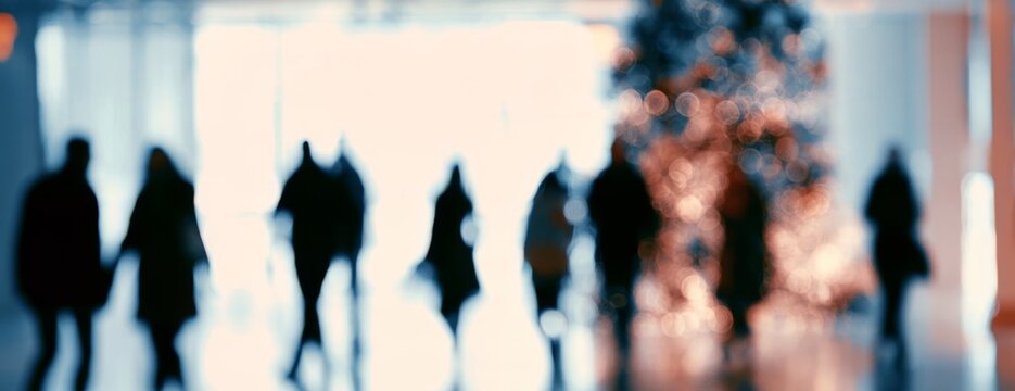 Silhouetted people walking in a spacious indoor setting with blurred Christmas tree  