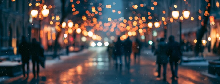 Blurred people walking on a lit street at night during winter festivities  