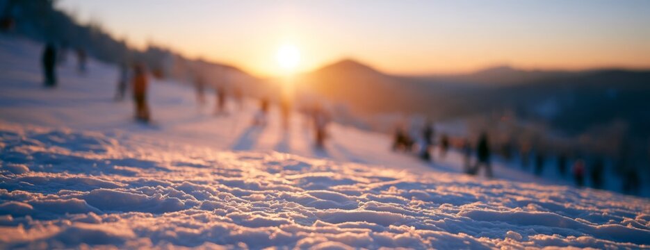 Blurred ski resort with skiers and snowboarders enjoying sunset in winter  