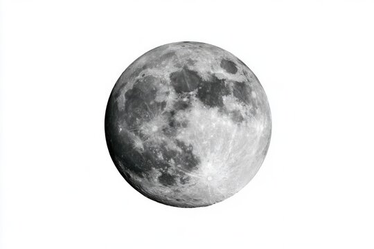 A detailed grayscale image of the full moon showing craters and lunar surface features against a white background.