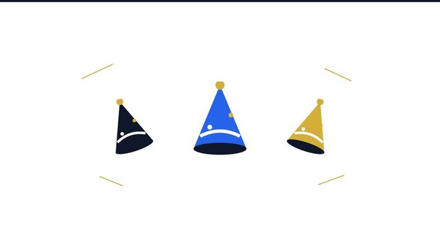 Party Hats Bouncing in Animated Sequence with Blue and Gold Colors on White Background