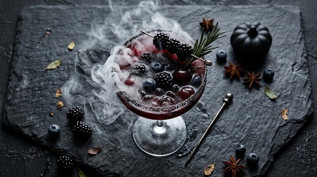 Dramatic Smoking Cocktail with Berries and Rosemary Garnish