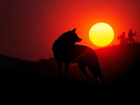 A wolf's silhouette at sunset, outlined in a fiery orange, predator, outline