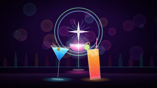 Cocktails on a Bar Counter with Glowing Neon Geometric Light Effects and Sparkling Star Motion