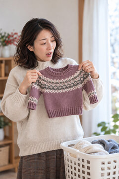 Woman holding up a wool sweater that shrank in the wash with a surprised look