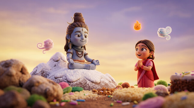 3D Shiva Meditating on Snowy Kailash as Parvati Watches