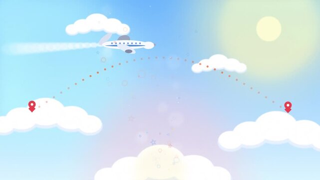 Small airplane flying through bright sunny sky with clouds and distant balloons