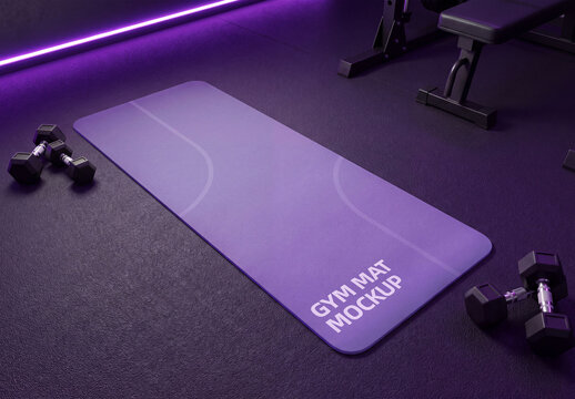 Purple Gym Mat Mockup with Dumbbells