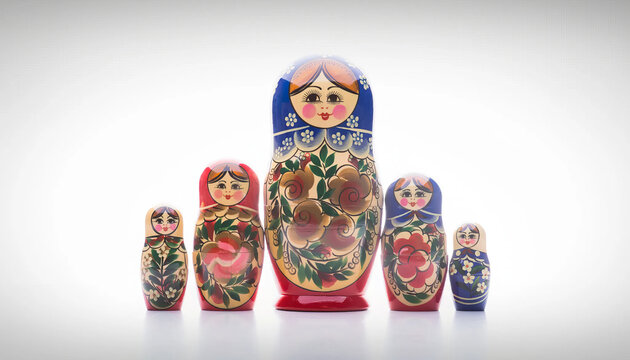 Five colorful traditional wooden nesting dolls arranged in a row on white.