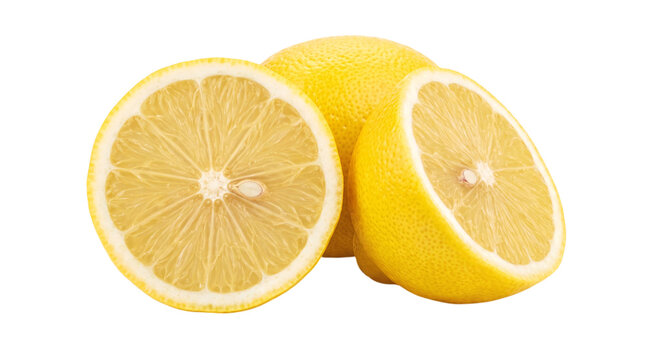 Whole and halved lemons on white background, isolated on transparent png
