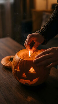 Close Up Hands Lighting Candle Inside Carved Halloween Pumpkin Background