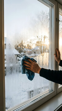 Close Up Hands Wiping Foggy Window Glass with Cloth Year End Cleaning