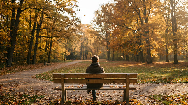 Wide Shot from Behind Person Sitting on Bench in Autumn Park