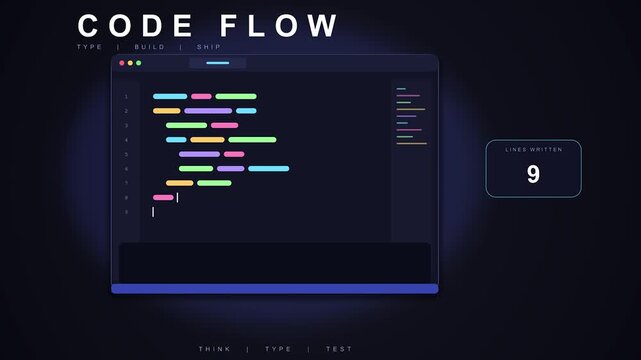 Code flow animation in dark setting with glowing syntax highlighting and numerical progression