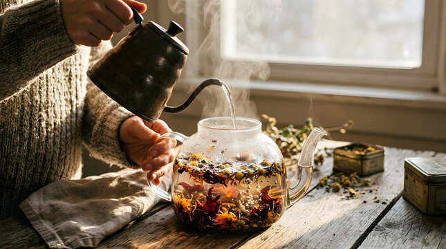Close Up Hands Pouring Hot Water into Glass Teapot with Dried Herbs