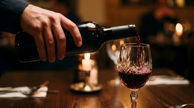 Close Up Hands Pouring Red Wine from Bottle into Glass Restaurant Background