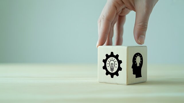 Concept of innovative thinking and strategic problem-solving for business development, depicted by a hand placing a wooden cube symbolizing ideas, creativity, and intellectual growth
