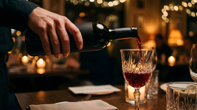 Close Up Hands Pouring Red Wine from Bottle into Glass Restaurant Background
