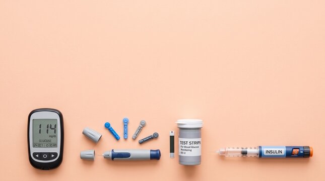 Diabetes management tools and supplies on a light background.