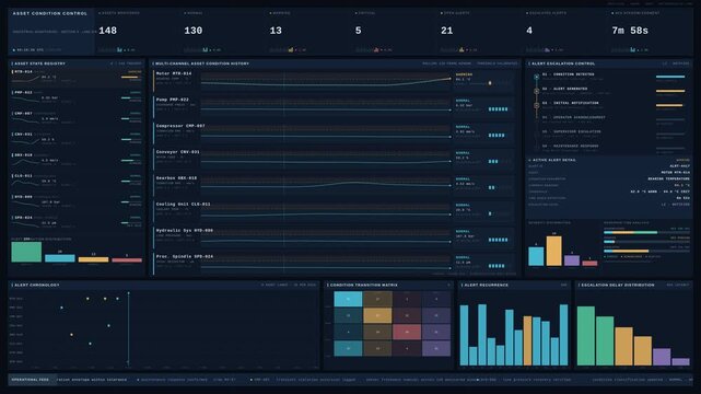 Cinematic 4K industrial asset monitoring dashboard visualizing condition changes, alert escalations, and maintenance response workflows in dark enterprise style.