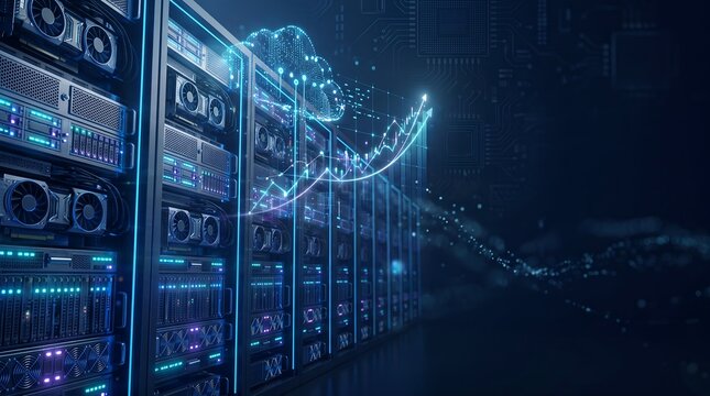 Modern data center with glowing cloud computing icon and upward growth chart in server room