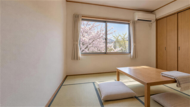 桜が見える春の和室、座卓と壁掛けエアコン、左側に余白