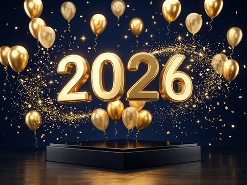 Golden "2026" Numbers Hovering Above Balloons and Confetti