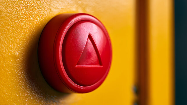 Red emergency button with a triangle symbol mounted on a yellow metal surface.