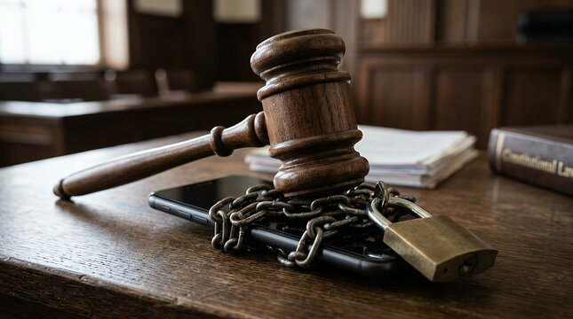 Wooden legal hammer resting on secured mobile gadget bound with metal chain and locked padlock conceptual representationinternet regulation media ban judicial verdict information privacy trial