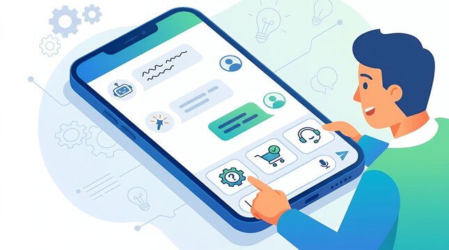 Digital user interacting with automated conversational assistant application on mobile screen for customer support services and automated help digital user interacting automated conversational