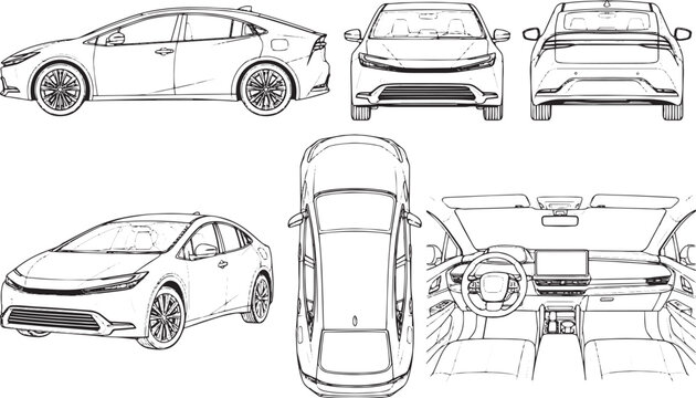 Hybrid liftback car line art with side front rear top and interior views