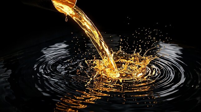 Golden Liquid Pouring and Splashing into Dark Water