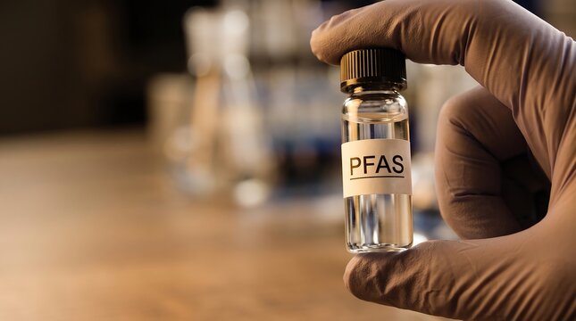 Hand in a protective glove holding a laboratory glass vial labeled PFAS representing forever chemicals in a research setting
