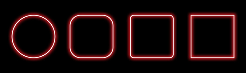 Red Neon Frame Set, Glowing Red Square Frame, Rounded Square Border, Neon Glowing Circle Frame, Bright Red Light Geometric Outline Badges on Dark Background © Shabekunnahar