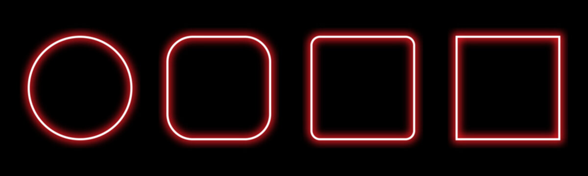 Red Neon Frame Set, Glowing Red Square Frame, Rounded Square Border, Neon Glowing Circle Frame, Bright Red Light Geometric Outline Badges on Dark Background