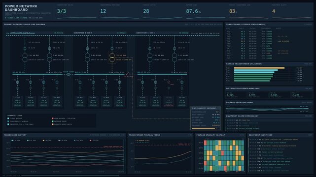 Advanced 4K electrical network dashboard visualizing substation loads, transformer utilization, and distribution equipment status with dynamic telemetry data.