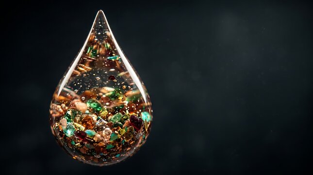 Droplet of water containing tiny multi-colored plastic fragments symbolizing environmental pollution on a dark bokeh background