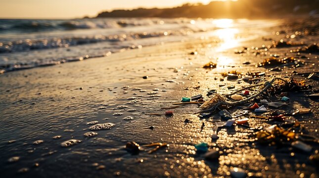 Microplastic debris and plastic waste fragments scattered on a sandy beach during sunset golden hour