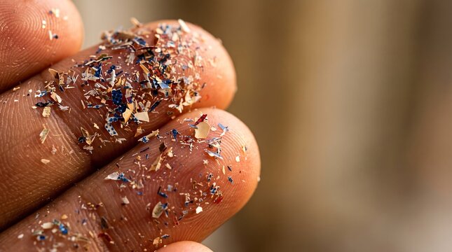 Extreme close up of human fingers covered in small colorful microplastic particles and environmental pollutants
