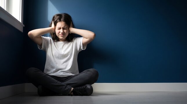 Young girl sitting on the floor covering her ears in a dark room representing sensory overload or stress