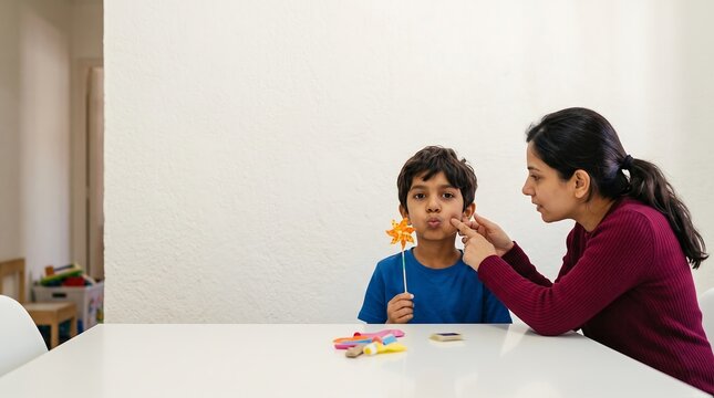 Speech therapist working with a young boy on oral motor exercises using a pinwheel at a white table