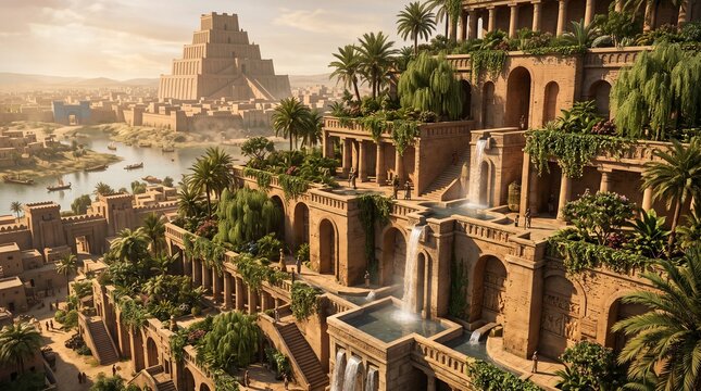 Ancient Mesopotamian ziggurat temple city landscape at sunrise