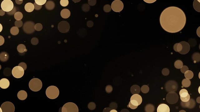 Golden glowing particles floating against a dark background a soft abstract featuring shimmering amber bokeh lights drifting
