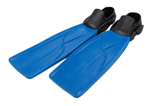 Pair of blue and black swim fins for diving and snorkeling isolated on transparent background