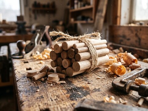 Bundle of wooden dowel plugs tied with twine