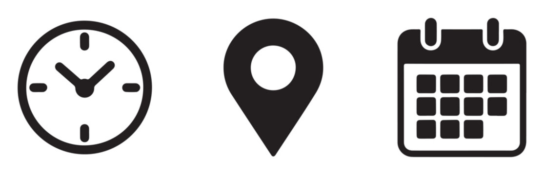 Set of black icons including clock, location pin, and calendar for various scheduling applications.