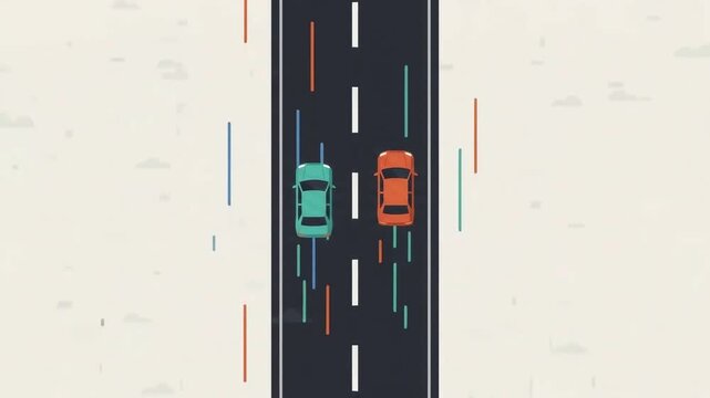 Top view of two cars driving on a highway road with motion blur lines