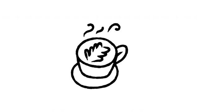 Animated doodle icon of a ceramic latte coffee cup featuring intricate milk foam art.